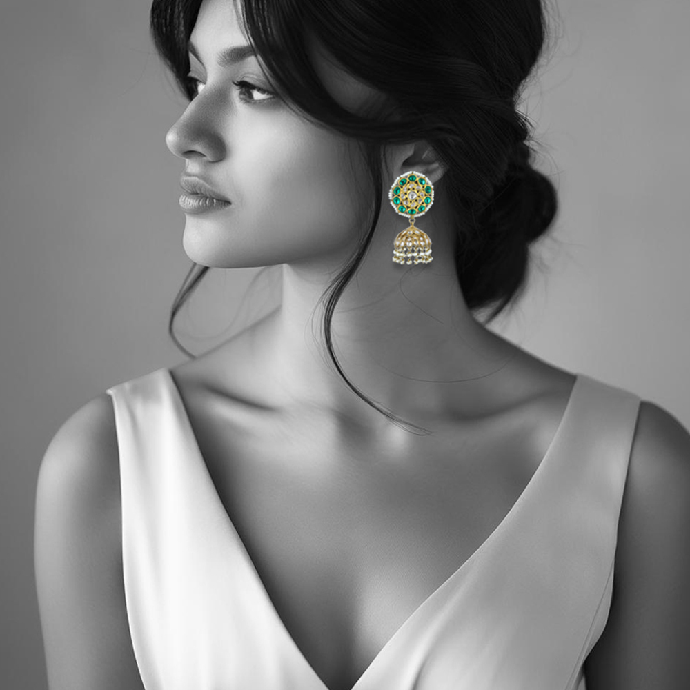 Polki Jhumka Earrings with Green stone and Pearl Borders